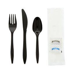 6 in 1 Cutlery Kit, Black, Medium Weight Polypropylene, Fork, Spoon, Knife, Salt And Pepper Packets and 12