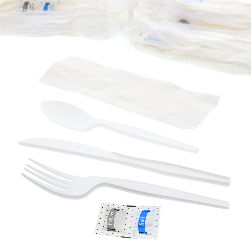 6 in 1 Cutlery Kit, White, Medium Heavy Weight Polystyrene, Fork, Teaspoon, Knife, Salt And Pepper Packets and Napkin
