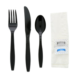6 in 1 Cutlery Kit, Black, Heavy Weight Polystyrene, Fork, Teaspoon, Knife, Salt And Pepper Packets and 13
