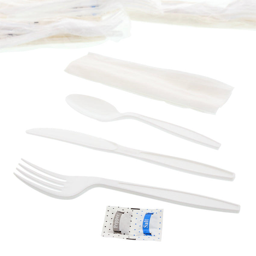 6 in 1 Cutlery Kit, White, Heavy Weight Polystyrene, Fork, Spoon, Knife, Salt And Pepper Packets and 13" x 17" Napkin