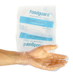 Foodguard Poly Gloves, Powder Free, Inner Package Of Gloves and Glove On Hand