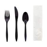 4 in 1 Cutlery Kit, Series P203, Black, Medium Weight Polypropylene, Fork, Knife, Spoon and 12" x 13" Napkin