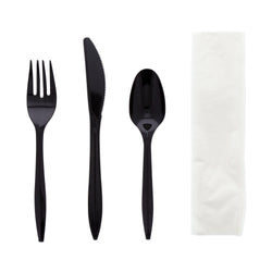 4 in 1 Cutlery Kit, Series P203, Black, Medium Weight Polypropylene, Fork, Knife, Spoon and 12