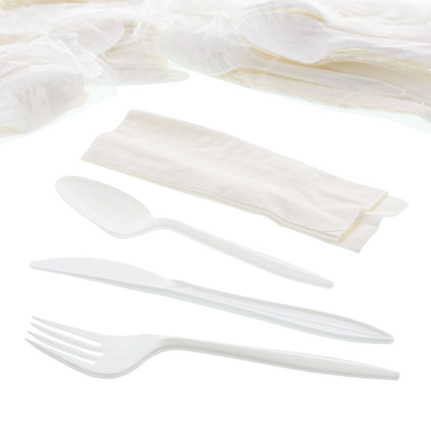 4 in 1 Cutlery Kit, Series P203, White, Medium Weight Polypropylene, Fork, Knife, Spoon and 12" x 13" Napkin, Angled View