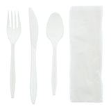 4 in 1 Cutlery Kit, Series P203, White, Medium Weight Polypropylene, Fork, Knife, Spoon and 12" x 13" Napkin