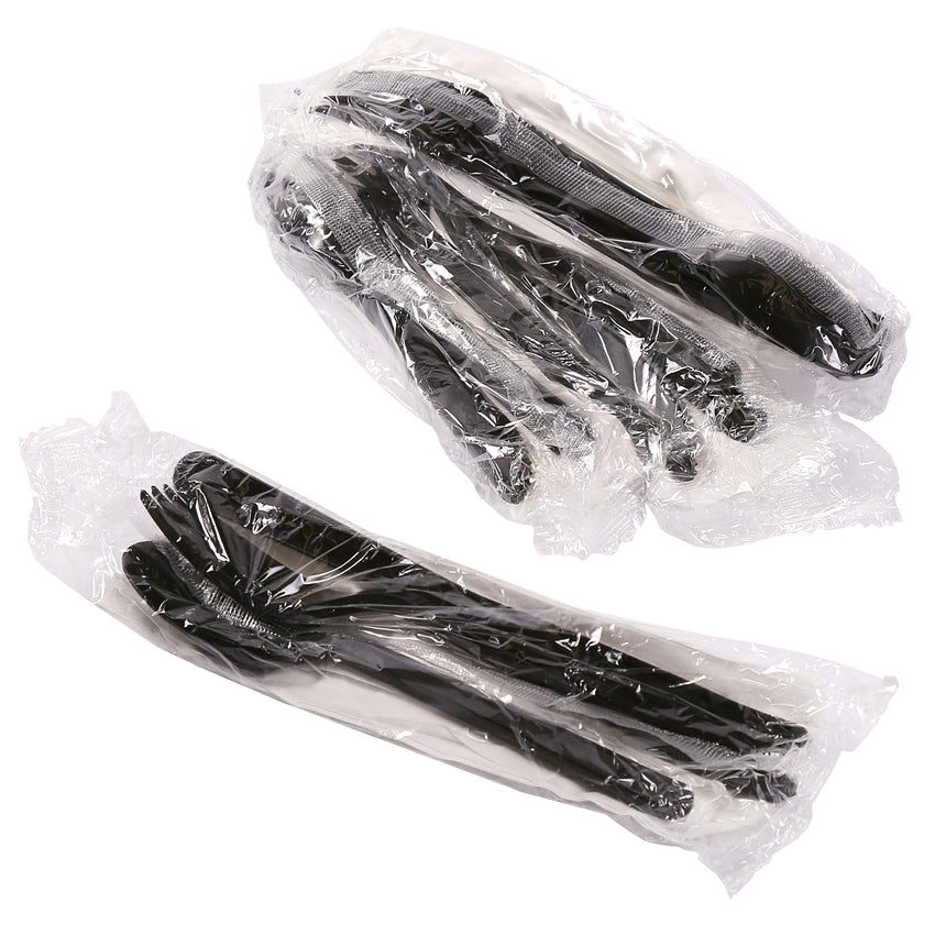 3 in 1 Cutlery Kit, Black, Medium Weight Polypropylene, Fork, Knife, Spoon and Napkin, Individually Wrapped
