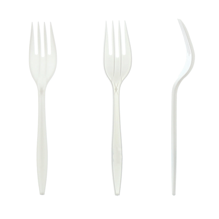 White Polypropylene Fork, Medium Weight, Individually Wrapped, Unwrapped Front, Back and Side View
