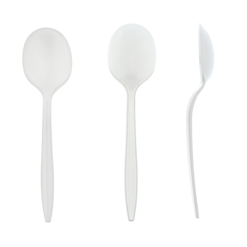 White Polypropylene Soup Spoon, Medium Weight, Front, Back and Side view