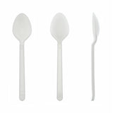 White Polypropylene Teaspoon, Heavy Weight, Front, Side and Back View