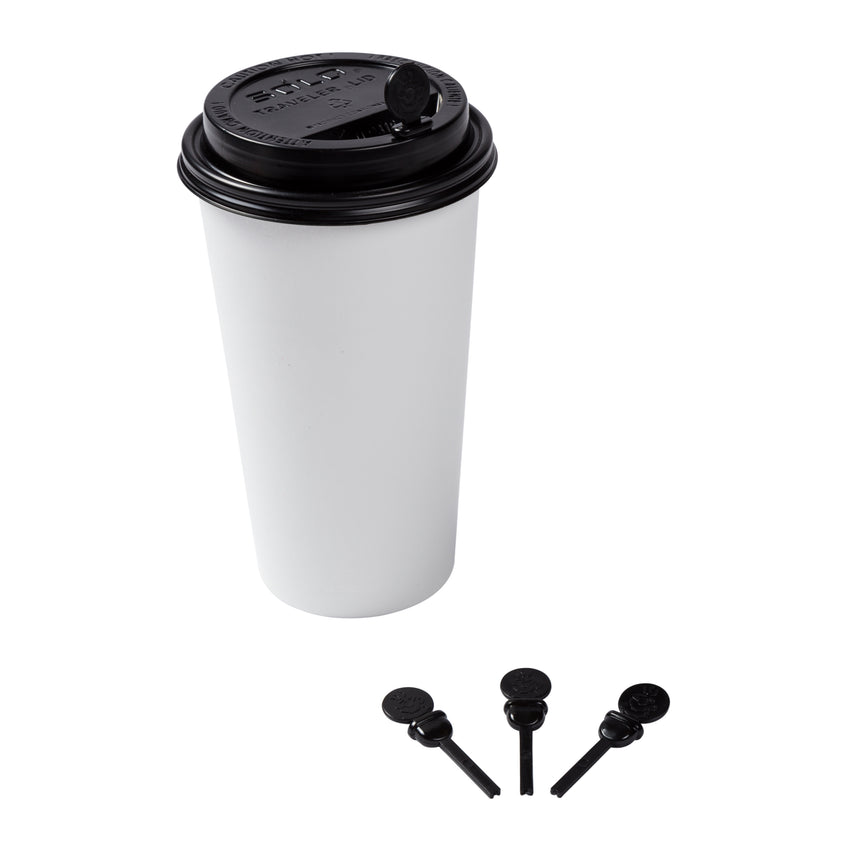 Black Circle Beverage Plug, Three Plugs Next To A Disposable Coffee Cup