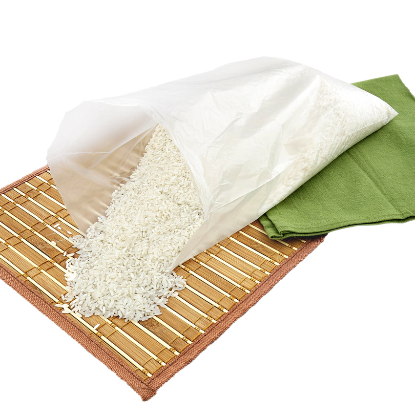 High Density Food Storage Bag, 10" x 14", Open Bag With Rice Grains Spilling Onto A Place Mat