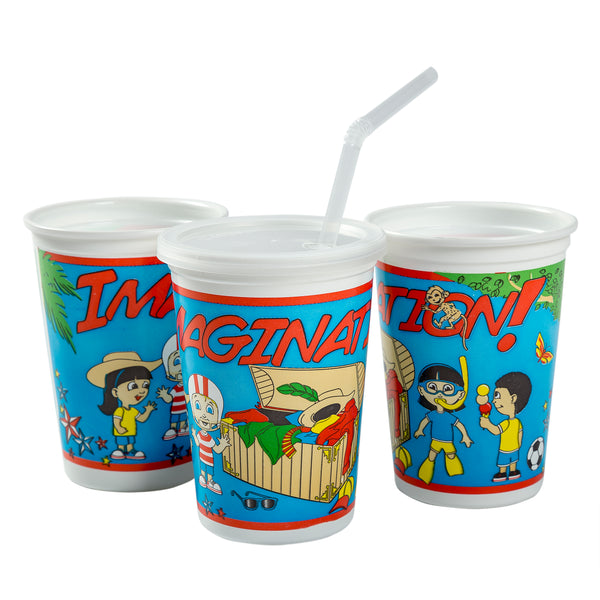 Royal Paper 12 oz. Imagination Print Kid's Cup with Lid and Straw