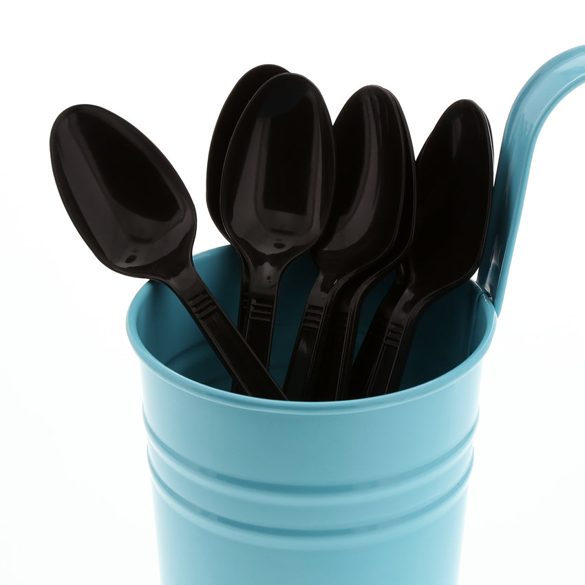 Black Polypropylene Teaspoon, Medium Heavy Weight, Image of Cutlery In A Cup