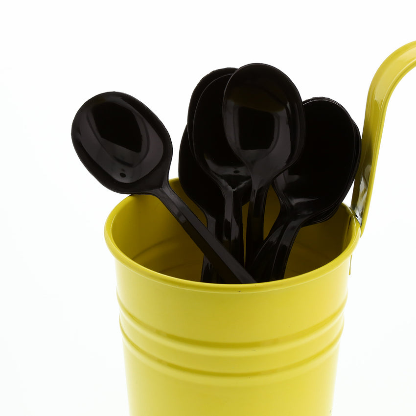 Black Polypropylene Soup Spoon, Medium Weight, Image of Cutlery In A Cup