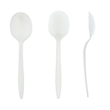 White Polypropylene Soup Spoon, Medium Weight, Three Spoons Side by Side