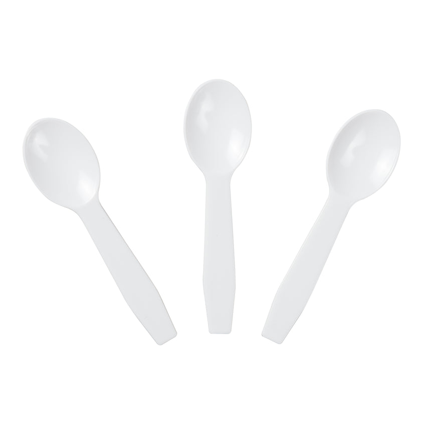 WHITE PLASTIC TASTER SPOON, Three Spoons Fanned Out
