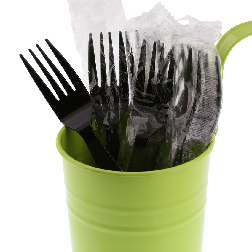 Black Polystyrene Fork, Medium Heavy Weight, Individually Wrapped, Image of Cutlery In A Cup