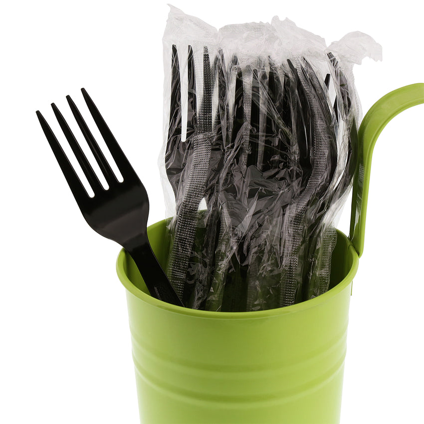 Black Polystyrene Fork, Heavy Weight, Individually Wrapped, Image of Cutlery In A Cup