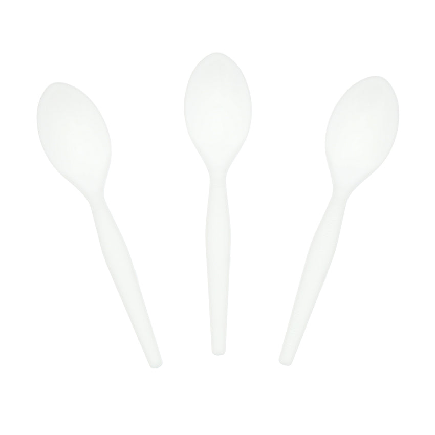 White Polystyrene Teaspoon, Medium Heavy Weight, Three Teaspoons Fanned Out