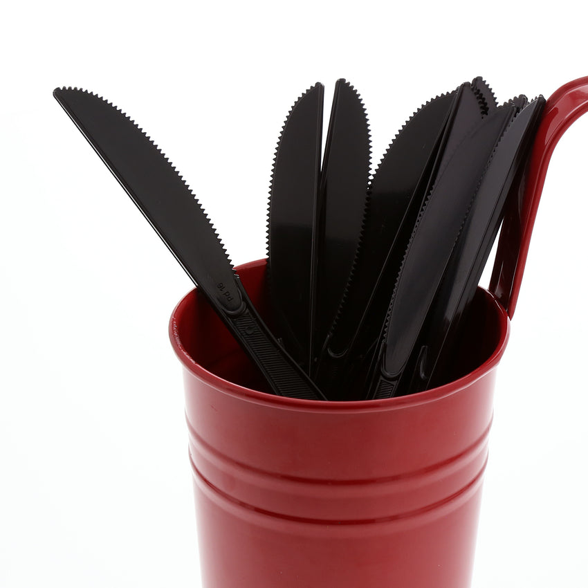 Black Polystyrene Knife, Medium Heavy Weight, Image of Cutlery In A Cup