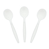 White Polystyrene Soup Spoon, Heavy Weight, Three Spoons Fanned Out