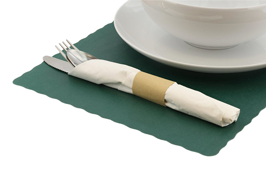 DARK GREEN PLACEMAT 13.5" X 9.5" SCALLOPED, Placemat With Dinnerware and Utensils On Top