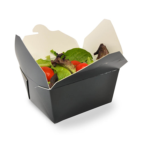 Black Folded Takeout Box, 4-3/8" x 3-1/2" x 2-1/2", with food