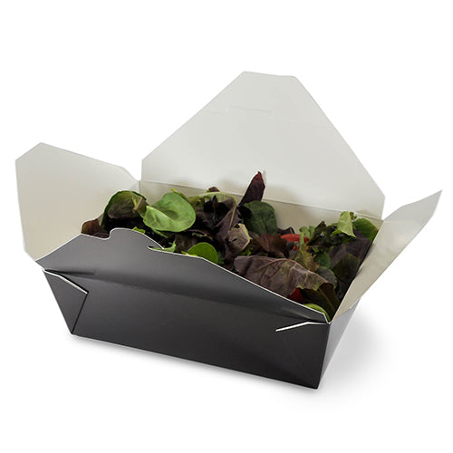 Black Folded Takeout Box, 7-3/4" x 5-1/2" x 2-1/2", with food