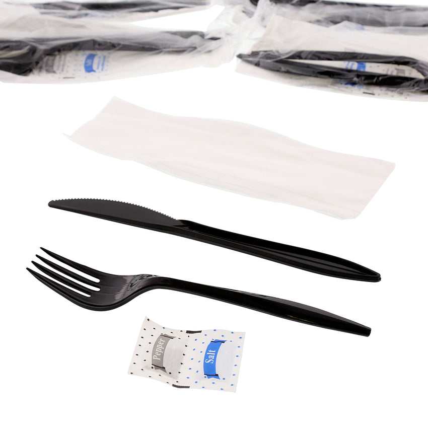 5 in 1 Cutlery Kit, Series P203, Black, Medium Weight Polypropylene, Fork, Knife, Salt And Pepper Packets and 12" x 13" Napkin, Angled View