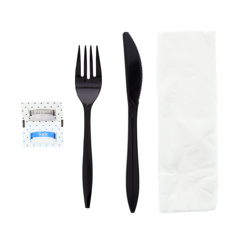 5 in 1 Cutlery Kit, Series P203, Black, Medium Weight Polypropylene, Fork, Knife, Salt And Pepper Packets and 12" x 13" Napkin