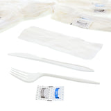 5 in 1 Cutlery Kit, Series P203, White, Medium Weight Polypropylene, Fork, Knife, Salt And Pepper Packets and 12" x 13" Napkin, Angled View