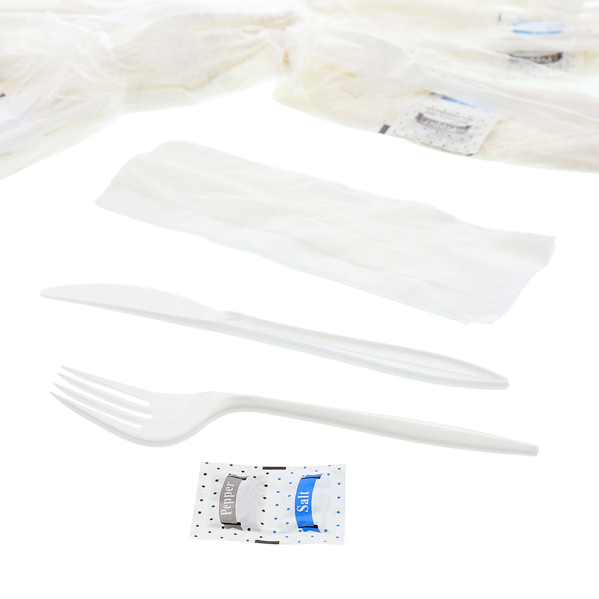 5 in 1 Cutlery Kit, Series P203, White, Medium Weight Polypropylene, Fork, Knife, Salt And Pepper Packets and 12" x 13" Napkin, Angled View