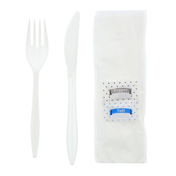 5 in 1 Cutlery Kit, Series P203, White, Medium Weight Polypropylene, Fork, Knife, Salt And Pepper Packets and 12