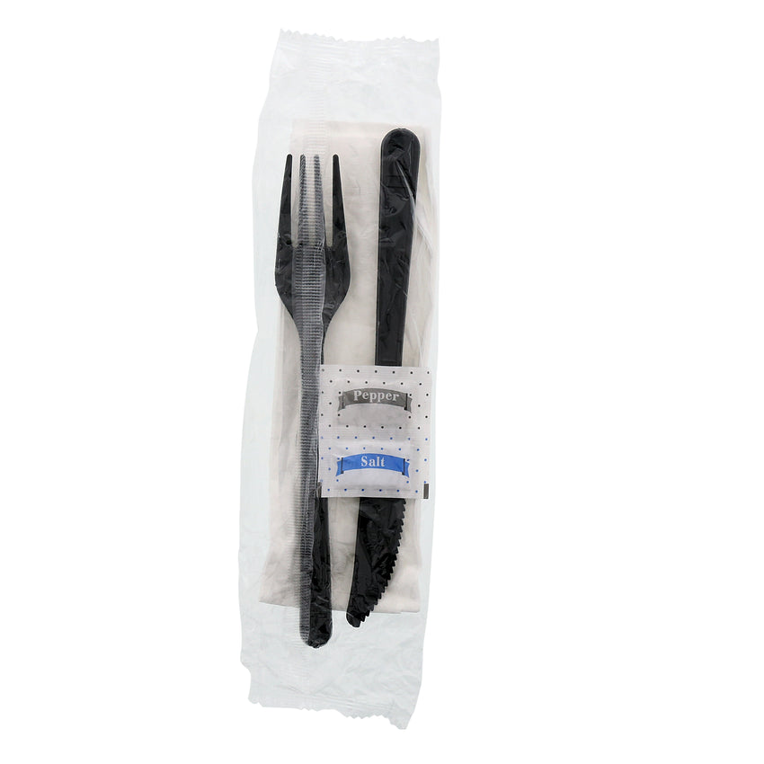 5 in 1 Cutlery Kit, Black, Medium Weight Polypropylene, Fork, Knife, Salt and Pepper Packets and Napkin, Individually Wrapped