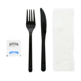 5 in 1 Cutlery Kit, Black, Medium Weight Polypropylene, Fork, Knife, Salt and Pepper Packets and Napkin