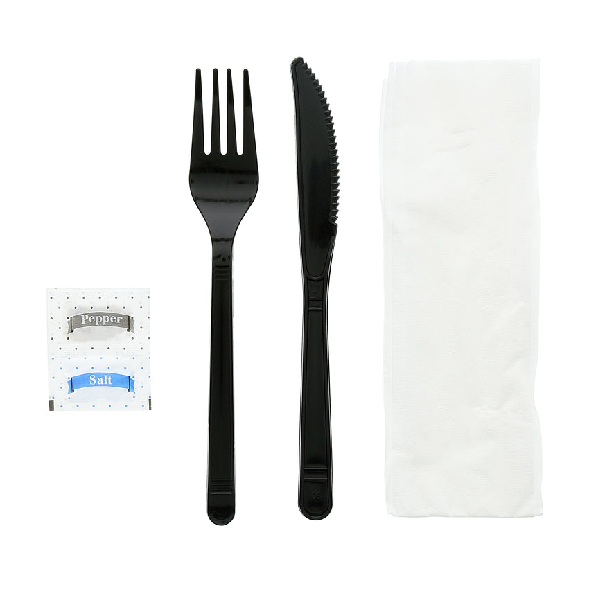 5 in 1 Cutlery Kit, Black, Medium Weight Polypropylene, Fork, Knife, Salt and Pepper Packets and Napkin