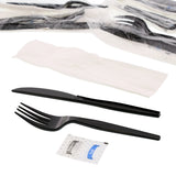5 in 1 Cutlery Kit, Black, Medium Heavy Weight Polystyrene, Fork, Knife, Salt and Pepper Packets and Napkin