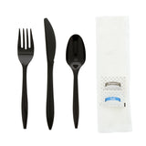 6 in 1 Cutlery Kit, Black, Medium Weight Polypropylene, Fork, Spoon, Knife, Salt And Pepper Packets and 12" x 13" Napkin