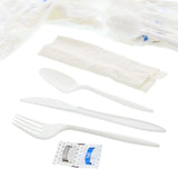 6 in 1 Cutlery Kit, White, Medium Weight Polypropylene, Fork, Spoon, Knife, Salt And Pepper Packets and 12" x 13" Napkin