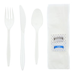 6 in 1 Cutlery Kit, White, Medium Weight Polypropylene, Fork, Spoon, Knife, Salt And Pepper Packets and 12
