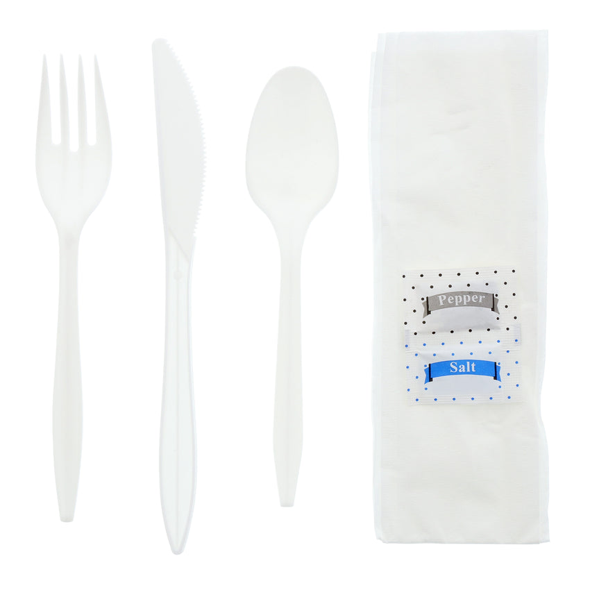 6 in 1 Cutlery Kit, White, Medium Weight Polypropylene, Fork, Spoon, Knife, Salt And Pepper Packets and 12" x 13" Napkin