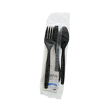6 in 1 Cutlery Kit, Black, Medium Plus Weight Polypropylene, Fork, Spoon, Knife, Salt And Pepper Packets and Napkin