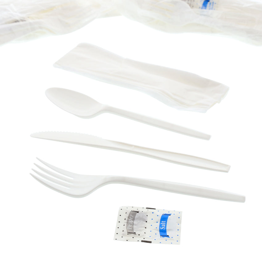 6 in 1 Cutlery Kit, White, Medium Plus Weight Polypropylene, Fork, Spoon, Knife, Salt And Pepper Packets and Napkin