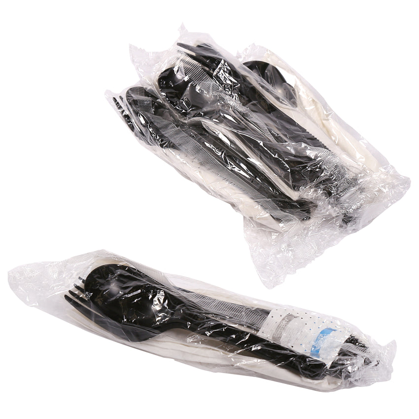 6 in 1 Cutlery Kit, Black, Medium Heavy Weight Polypropylene, Fork, Spoon, Knife, Salt And Pepper Packets and Napkin