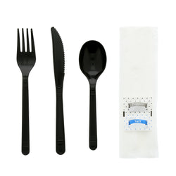 6 in 1 Cutlery Kit, Black, Medium Heavy Weight Polypropylene, Fork, Spoon, Knife, Salt And Pepper Packets and Napkin