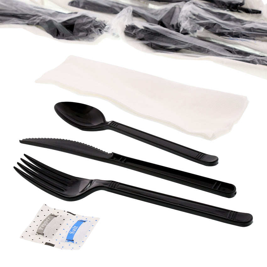 6 in 1 Cutlery Kit, Black, Heavy Weight Polypropylene, Fork, Teaspoon, Knife, Salt And Pepper Packets and Napkin