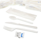 6 in 1 Cutlery Kit, White, Heavy Weight Polypropylene, Fork, Teaspoon, Knife, Salt And Pepper Packets and Napkin