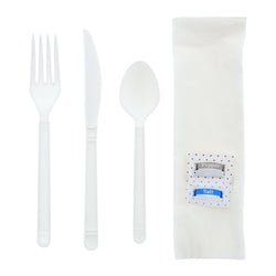 6 in 1 Cutlery Kit, White, Heavy Weight Polypropylene, Fork, Teaspoon, Knife, Salt And Pepper Packets and Napkin