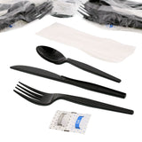 6 in 1 Cutlery Kit, Black, Medium Heavy Weight Polystyrene, Fork, Teaspoon, Knife, Salt And Pepper Packets and Napkin