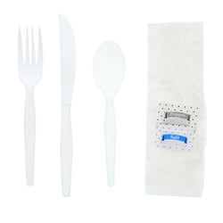 6 in 1 Cutlery Kit, White, Medium Heavy Weight Polystyrene, Fork, Teaspoon, Knife, Salt And Pepper Packets and Napkin